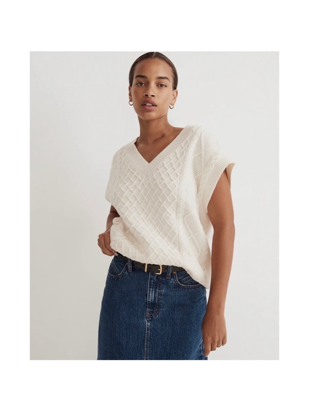 Madewell Cable-Knit V-Neck Sweater Vest in Cream Size XL
